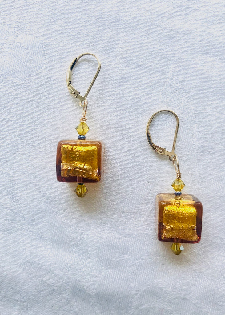 Gold Venetian Glass Cubes with Swarovski Crystals-SugarJewlz Handmade Jewelry