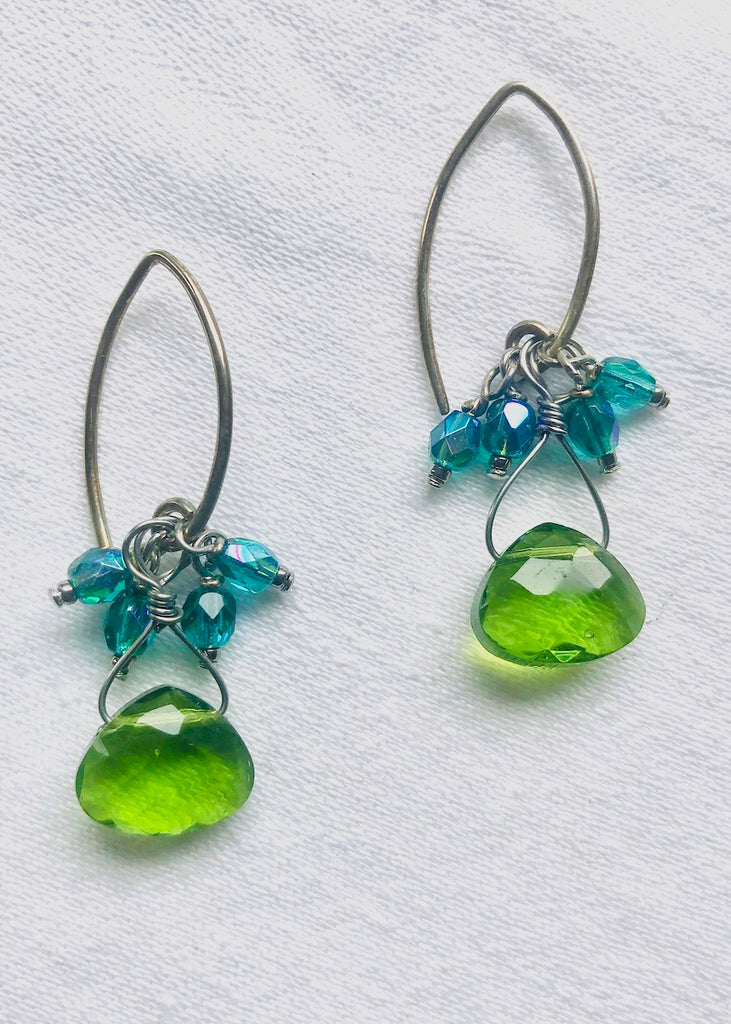 Olive Glass Briolette and Glass Tassel Earrings-SugarJewlz Handmade Jewelry