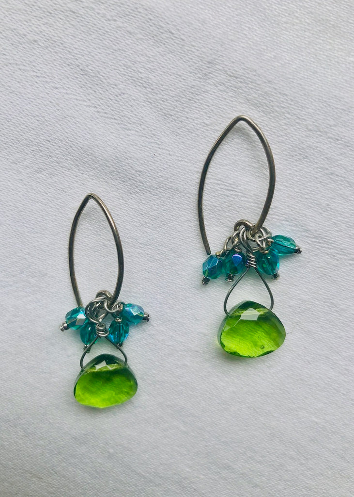 Olive Glass Briolette and Glass Tassel Earrings-SugarJewlz Handmade Jewelry
