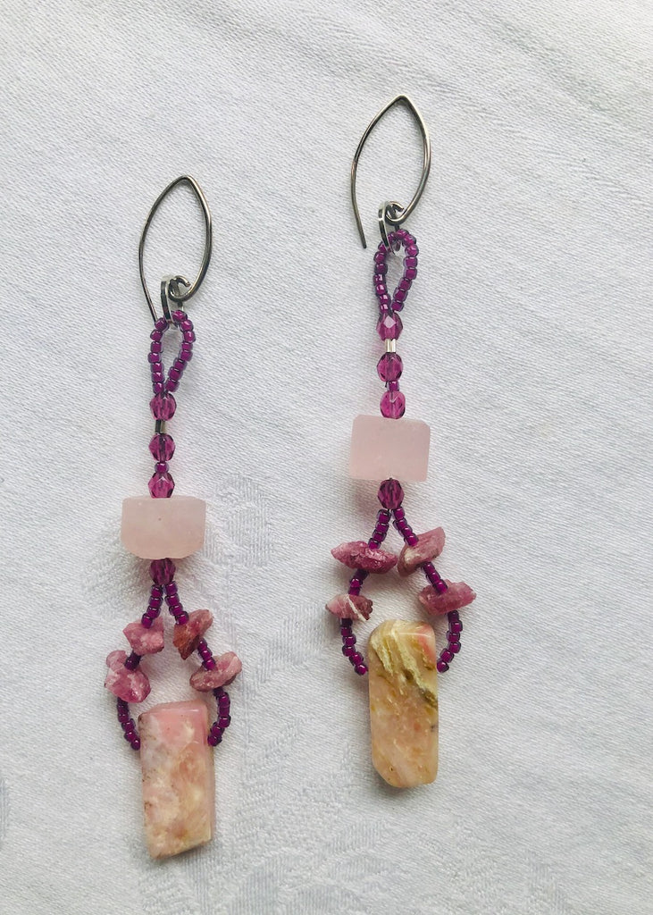 Rose Quartz and Tourmaline Long Earrings-SugarJewlz Handmade Jewelry