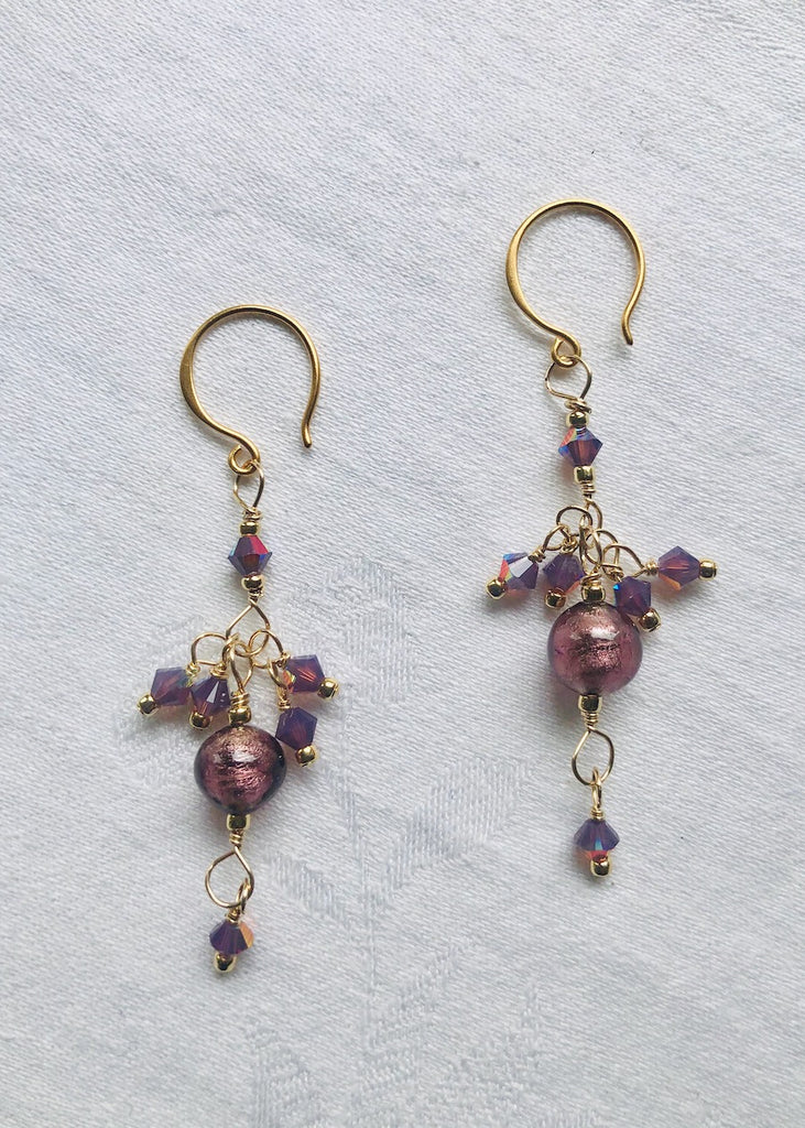 Purple Venetian Glass and Swarovski Crystals Earrings-SugarJewlz Handmade Jewelry