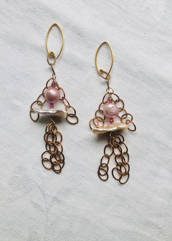 Freshwater Pearls and Copper Chain Earrings-SugarJewlz Handmade Jewelry