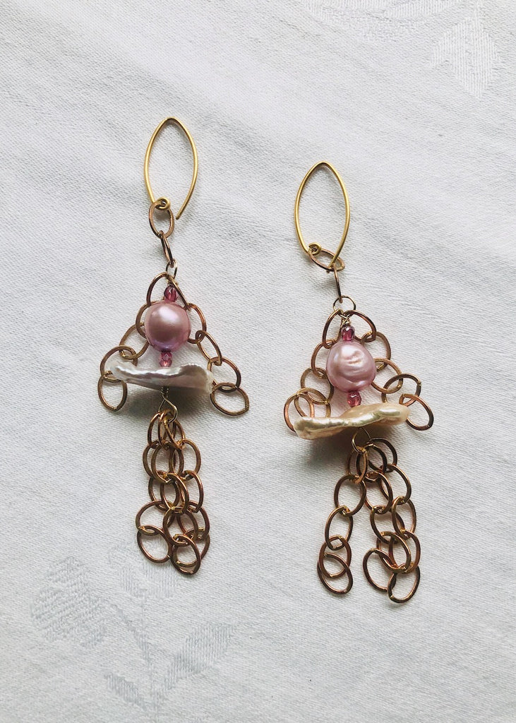 Freshwater Pearls and Copper Chain Earrings-SugarJewlz Handmade Jewelry