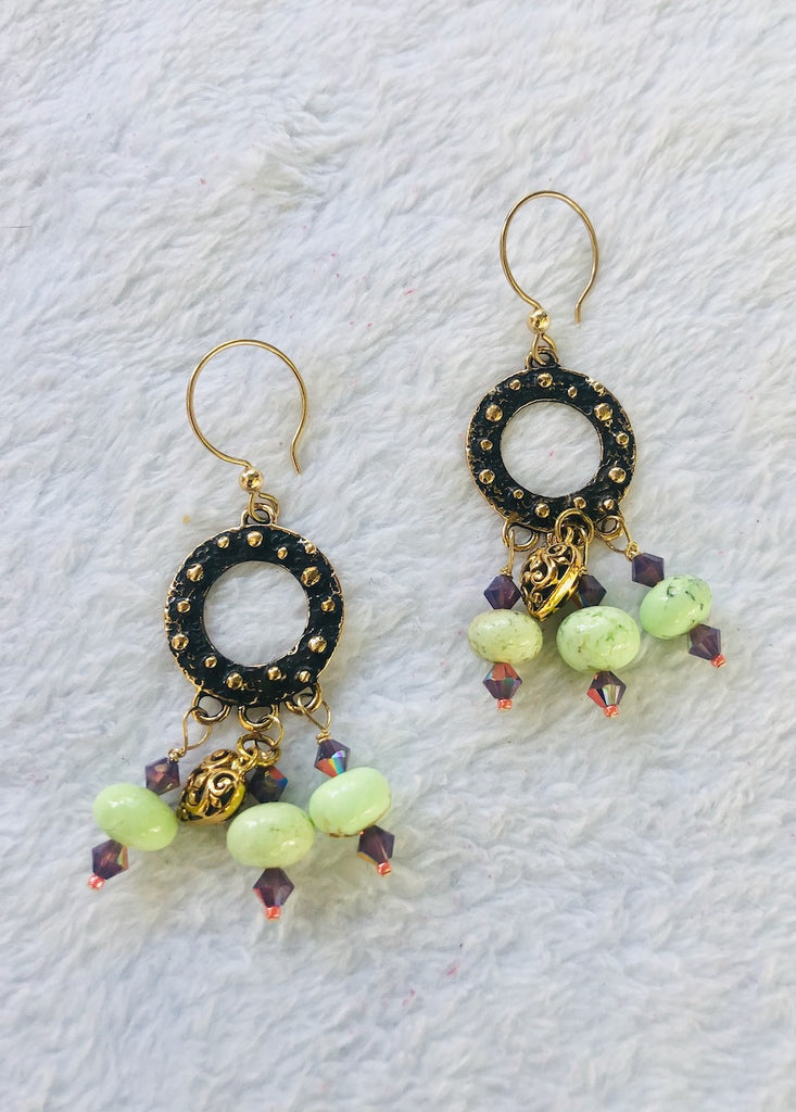 Chrysoprase with Hammered Chandelier Rings and Swarovski Crystals Earrings-SugarJewlz Handmade Jewelry