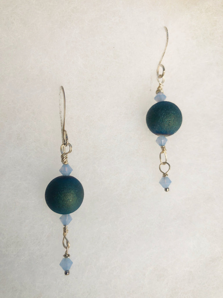 Blue Druzy and Swarovski Crystals Earrings-SugarJewlz Handmade Jewelry