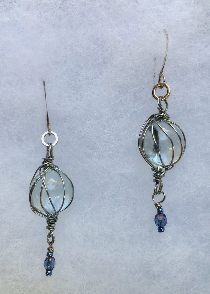 Clear Marbles with Purple Glass Dangle Earrings-SugarJewlz Handmade Jewelry