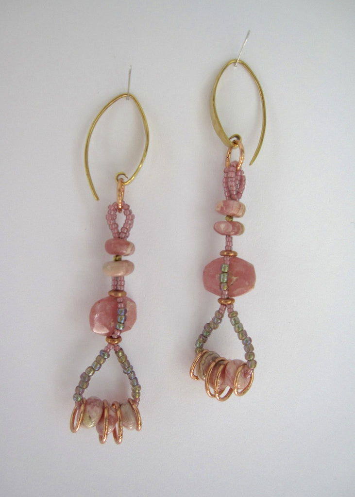 Rodocrosite with Copper Rings Earrings-SugarJewlz Handmade Jewelry