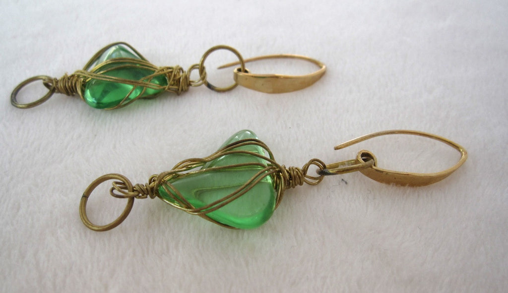 Brass Wrapped Green Glass Earrings-SugarJewlz Handmade Jewelry