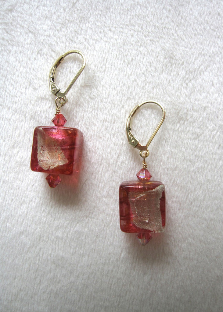 Pink Venetian Glass Cube Earrings-SugarJewlz Handmade Jewelry