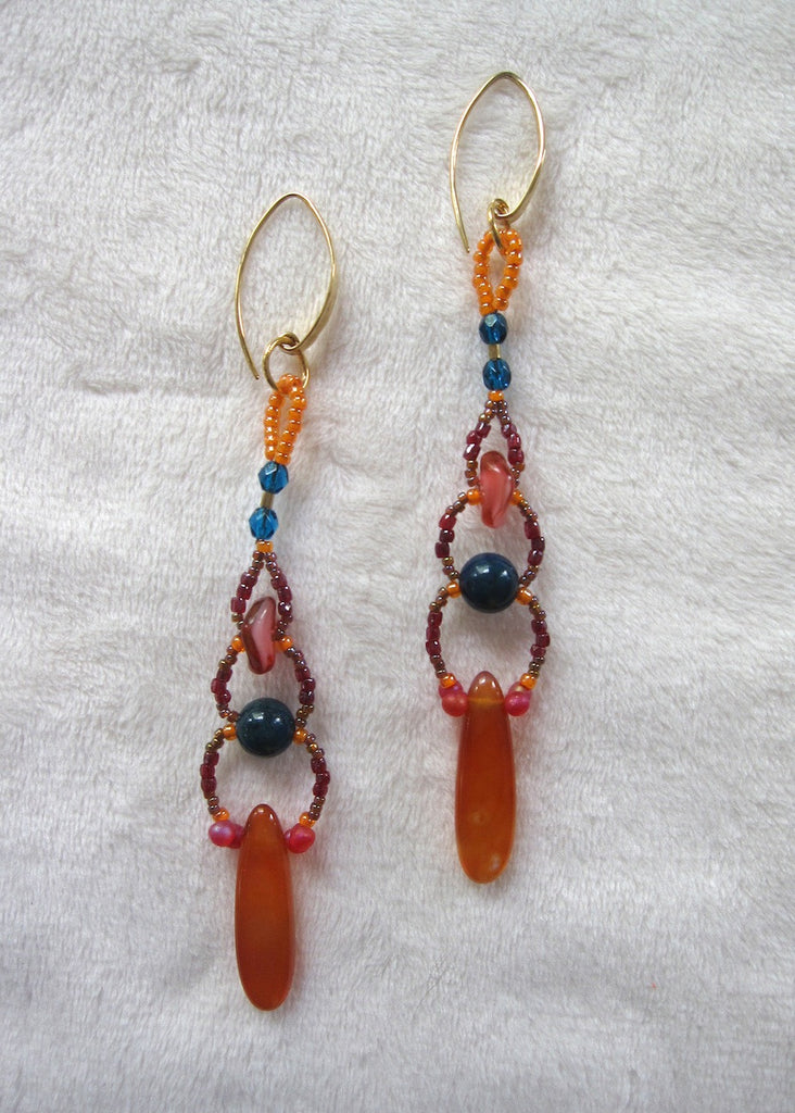 Carnelian and Glass Woven Earrings-SugarJewlz Handmade Jewelry