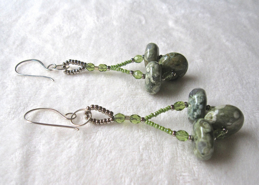 Green Agate Discs Earrings-SugarJewlz Handmade Jewelry