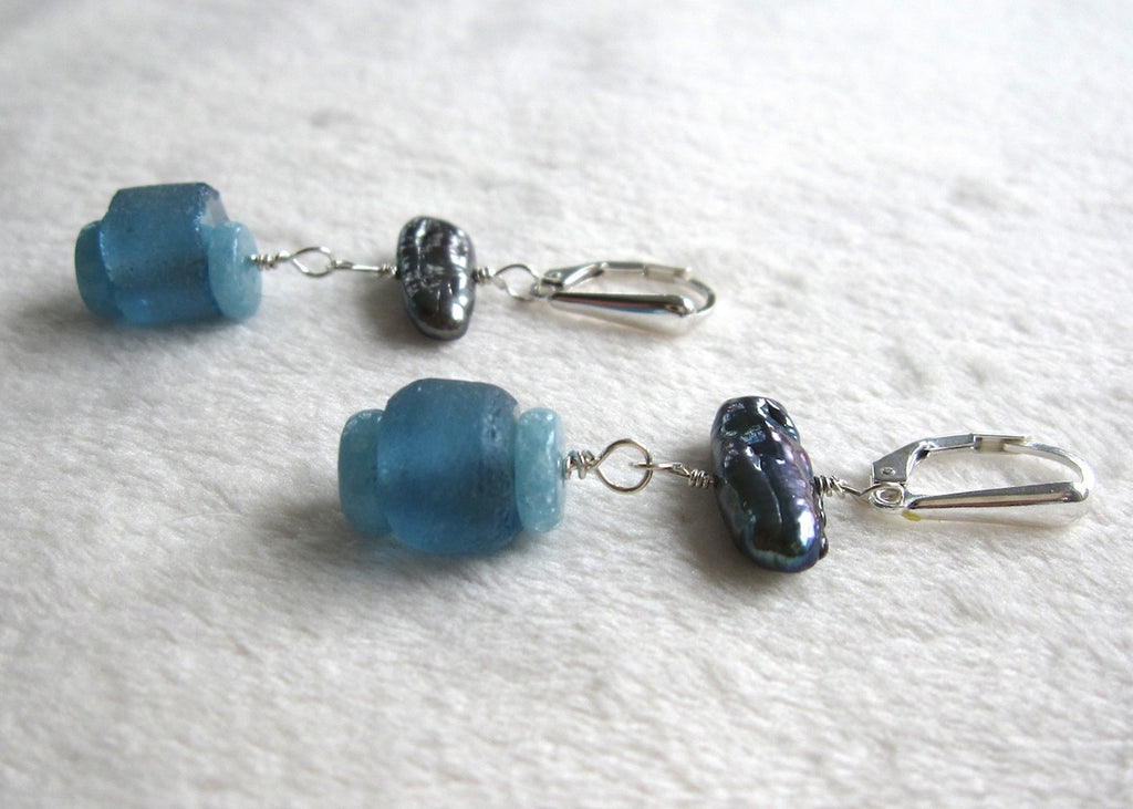 Stick Pearls and Recycled Glass Earrings-SugarJewlz Handmade Jewelry