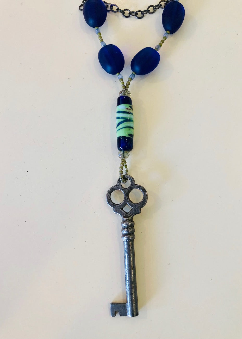 Vintage Key with Recycled Glass Necklace