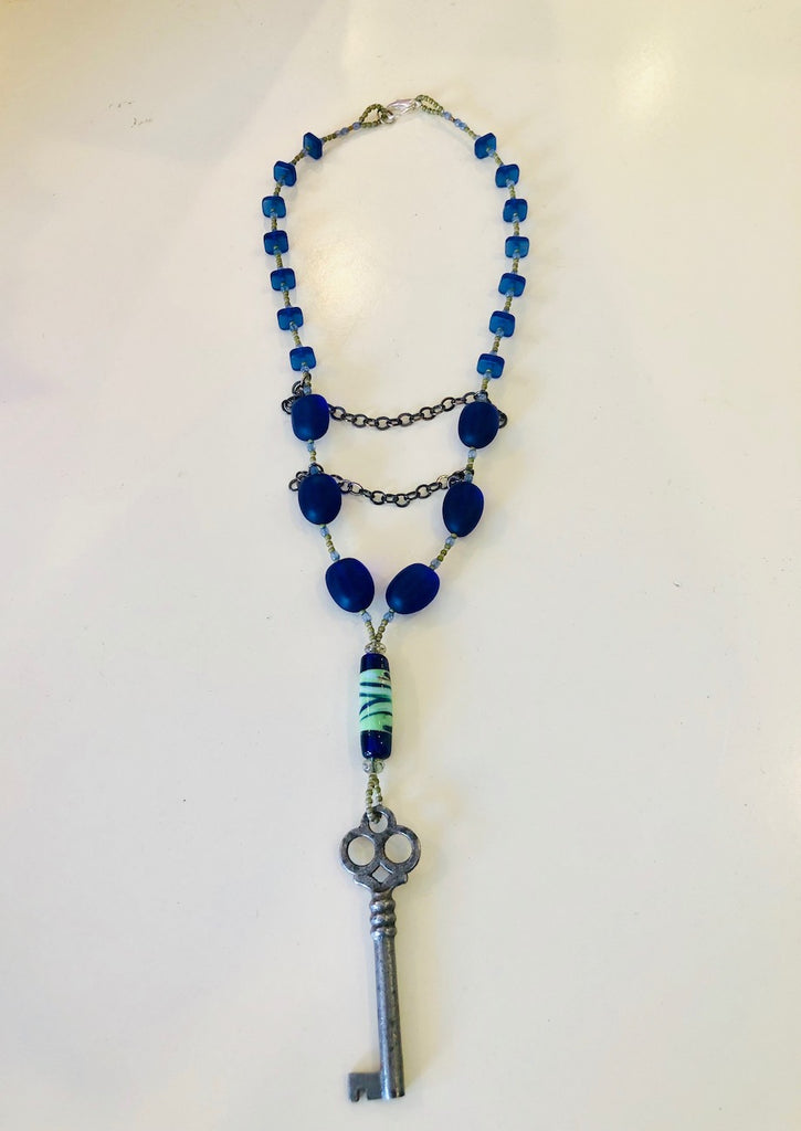 Vintage Key with Recycled Glass Necklace-SugarJewlz Handmade Jewelry