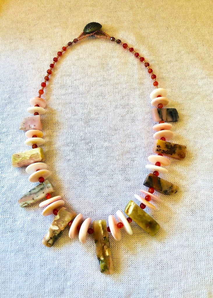 Rose Quartz and Shell with Carnelian Necklace-SugarJewlz Handmade Jewelry