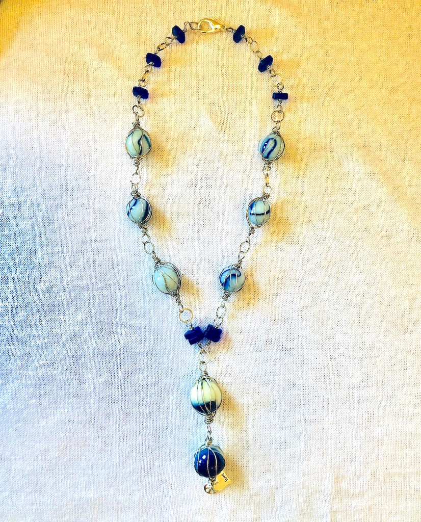 Blue Swirl Marbles with Charms Necklace-SugarJewlz Handmade Jewelry