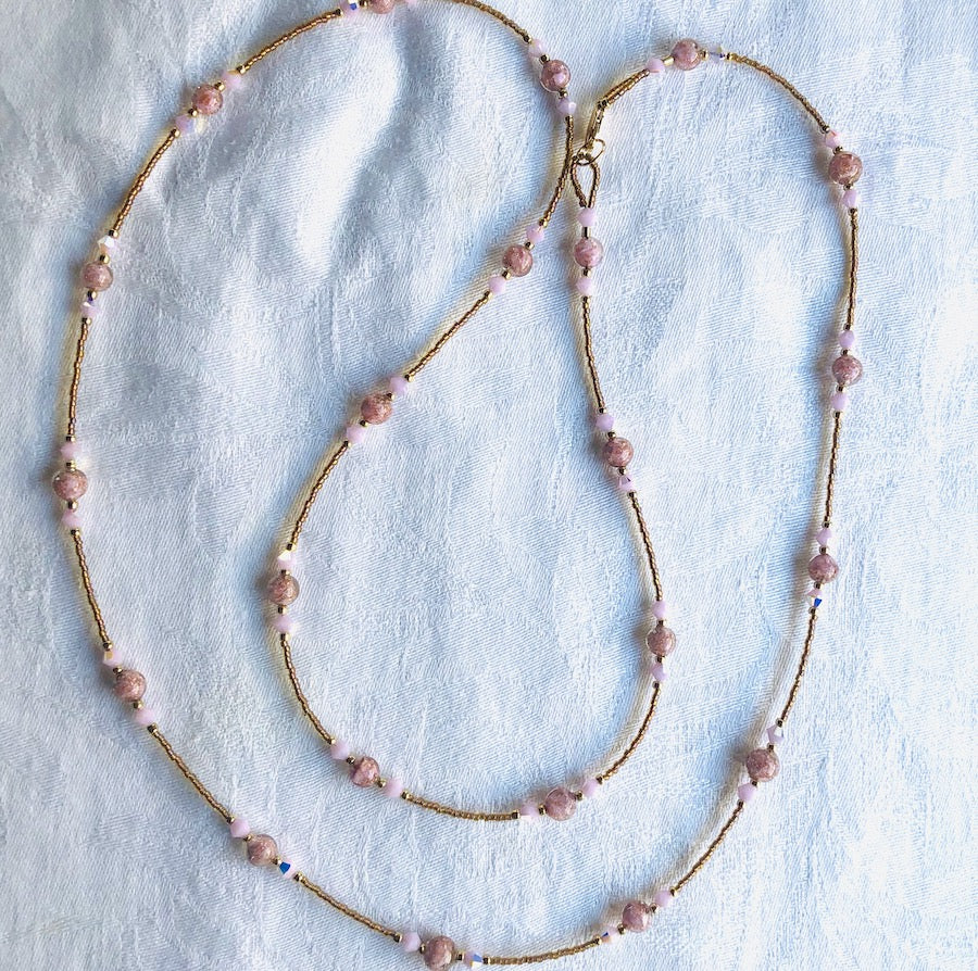 Pink with Gold Fleck Venetian Glass and Swarovski Crystals Necklace-SugarJewlz Handmade Jewelry