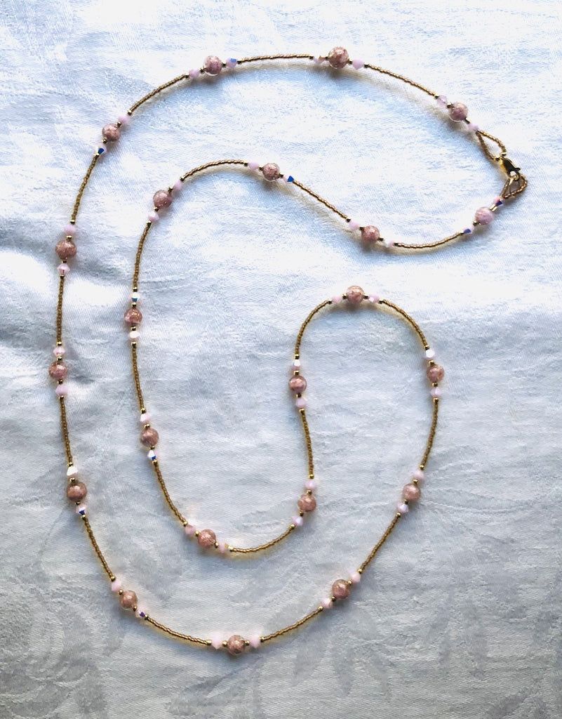 Pink with Gold Fleck Venetian Glass and Swarovski Crystals Necklace-SugarJewlz Handmade Jewelry
