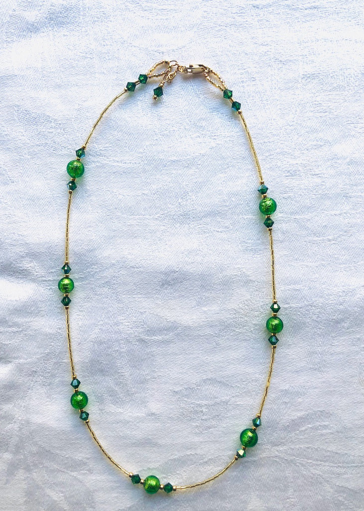 Emerald Green Venetian Glass with Swarovski Crystals Necklace-SugarJewlz Handmade Jewelry