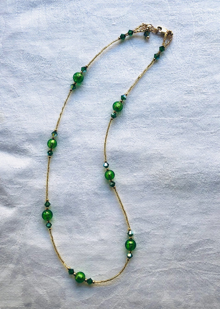 Emerald Green Venetian Glass with Swarovski Crystals Necklace-SugarJewlz Handmade Jewelry