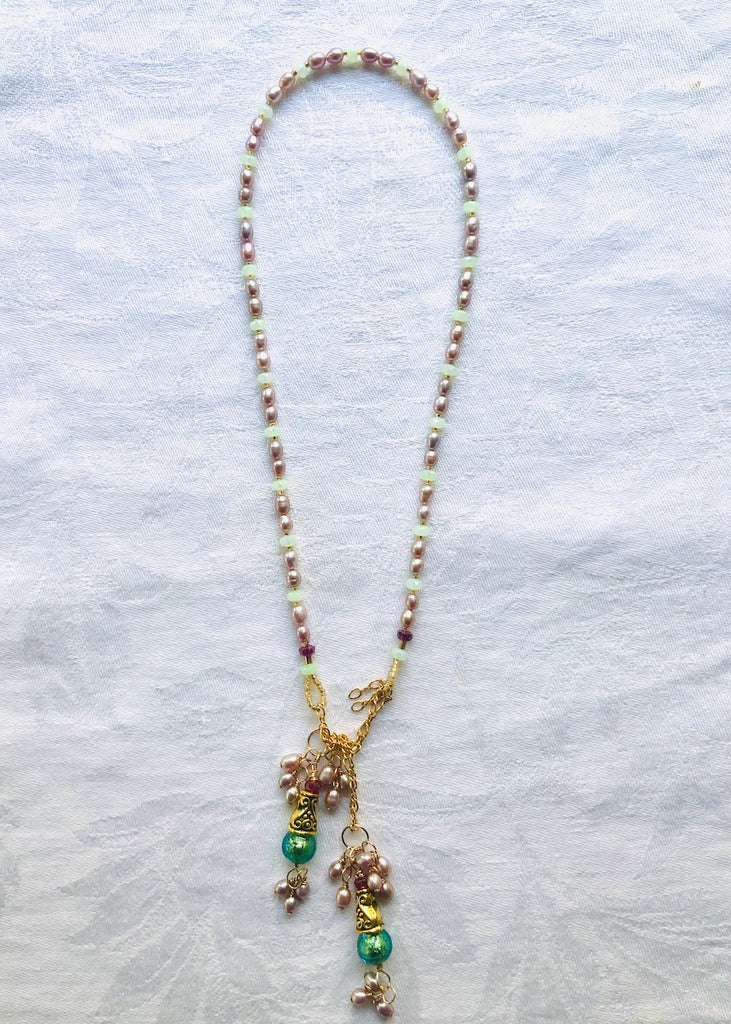 Fresh Water Pearl with Venetian Glass and Brass Cones Lariat-SugarJewlz Handmade Jewelry