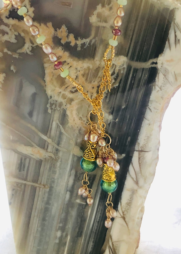 Fresh Water Pearl with Venetian Glass and Brass Cones Lariat-SugarJewlz Handmade Jewelry