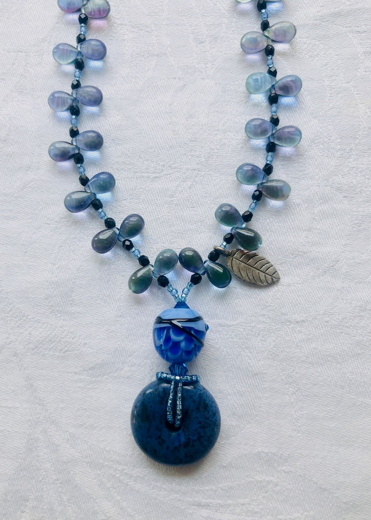 Blue Lapis Donut with Sterling Silver Leaf Necklace-SugarJewlz Handmade Jewelry