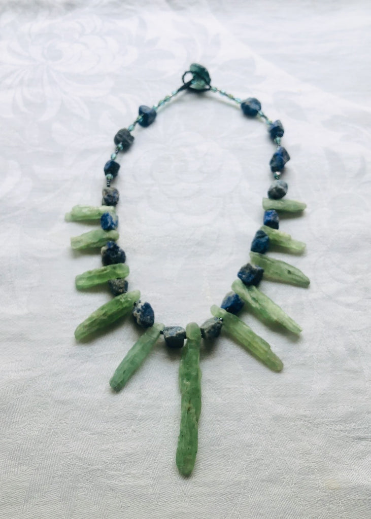 Green Kyanite Daggers and Blue Lapis Necklace-SugarJewlz Handmade Jewelry
