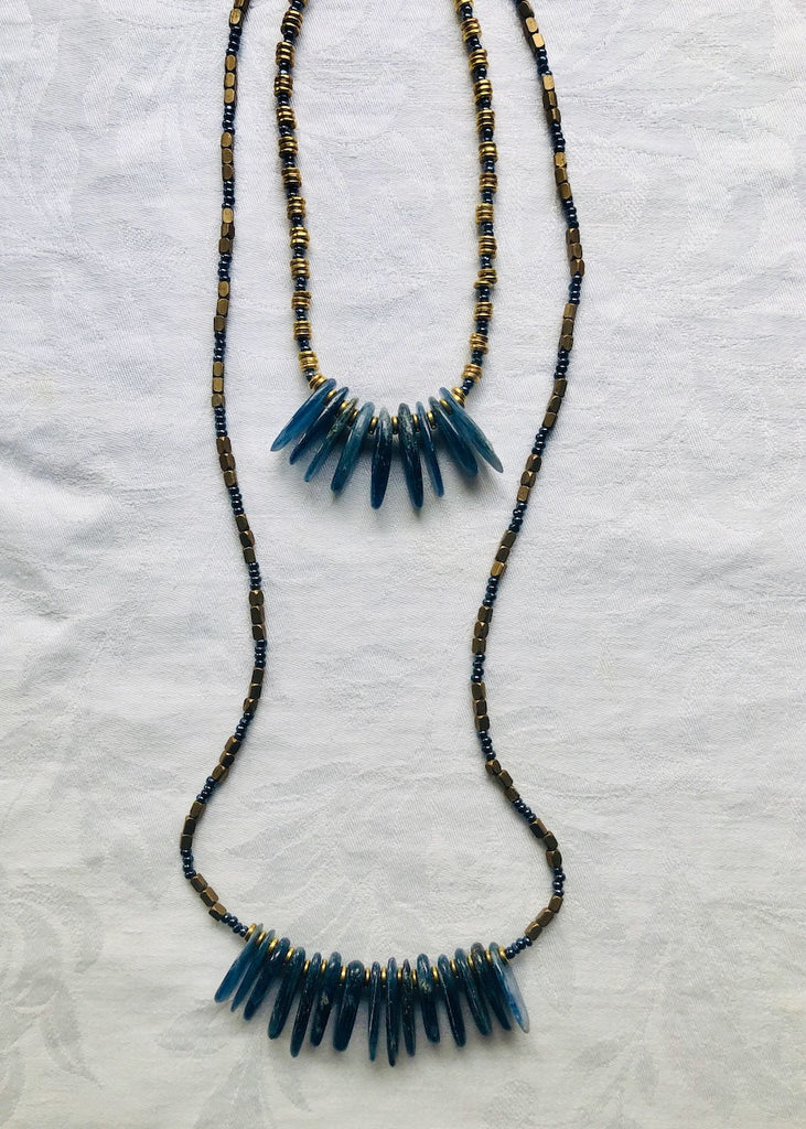 Kyanite Petal with Brass Double Strand Necklace-SugarJewlz Handmade Jewelry