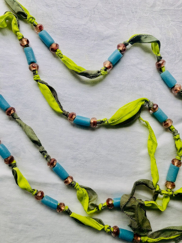 Green and Olive with Recycled Glass Silk Ribbon Necklace-SugarJewlz Handmade Jewelry