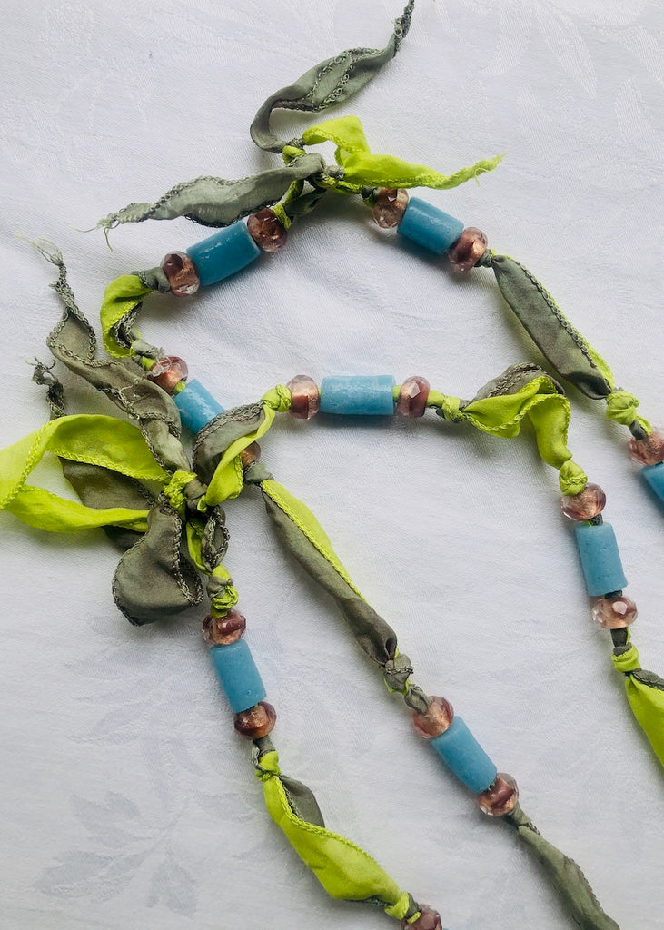 Green and Olive with Recycled Glass Silk Ribbon Necklace-SugarJewlz Handmade Jewelry