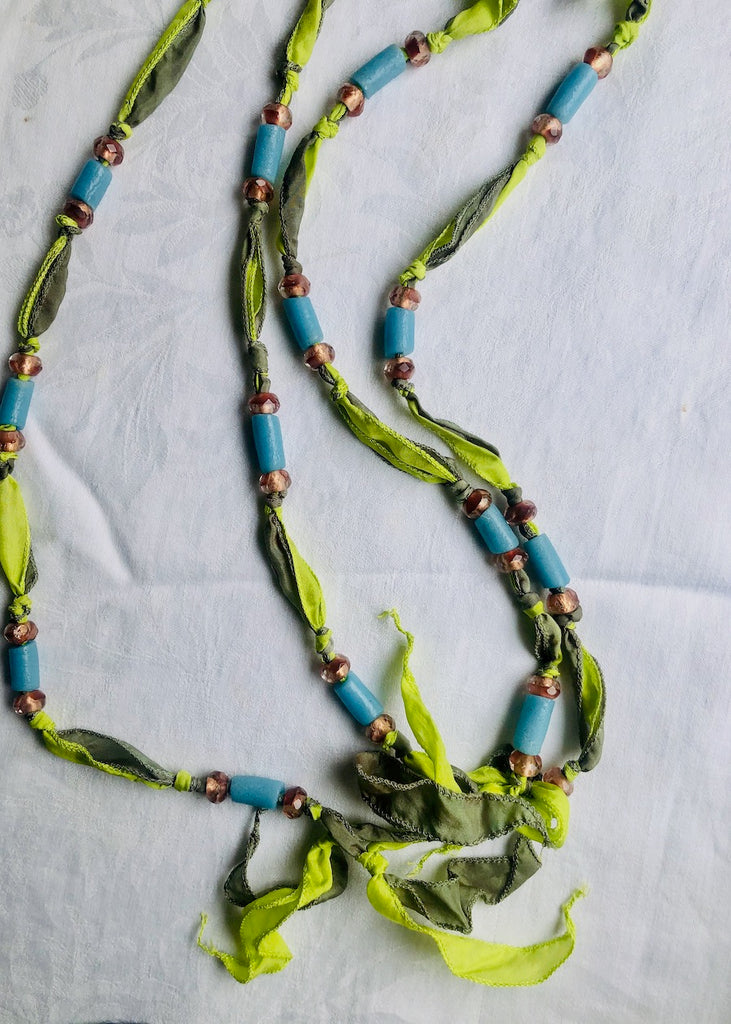 Green and Olive with Recycled Glass Silk Ribbon Necklace