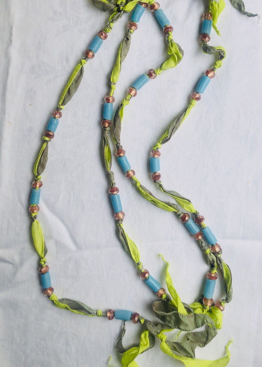 Green and Olive with Recycled Glass Silk Ribbon Necklace