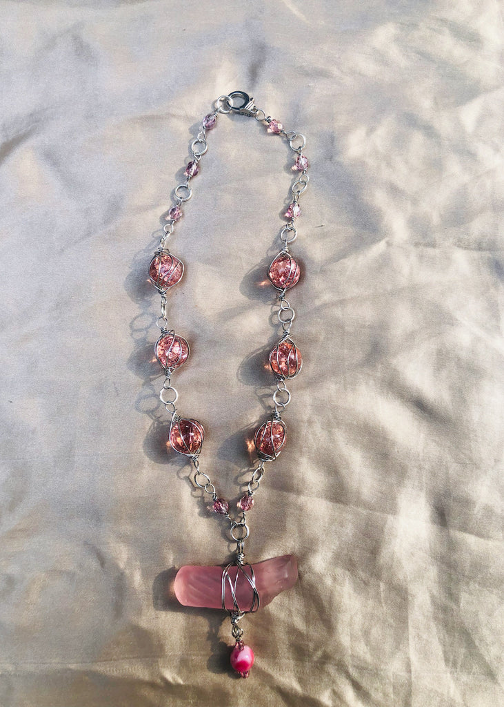 Beach Glass and Pink Marbles Necklace-SugarJewlz Handmade Jewelry