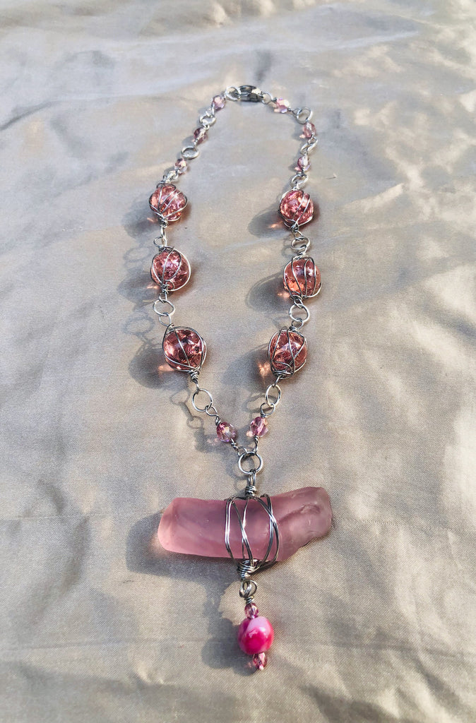 Beach Glass and Pink Marbles Necklace-SugarJewlz Handmade Jewelry