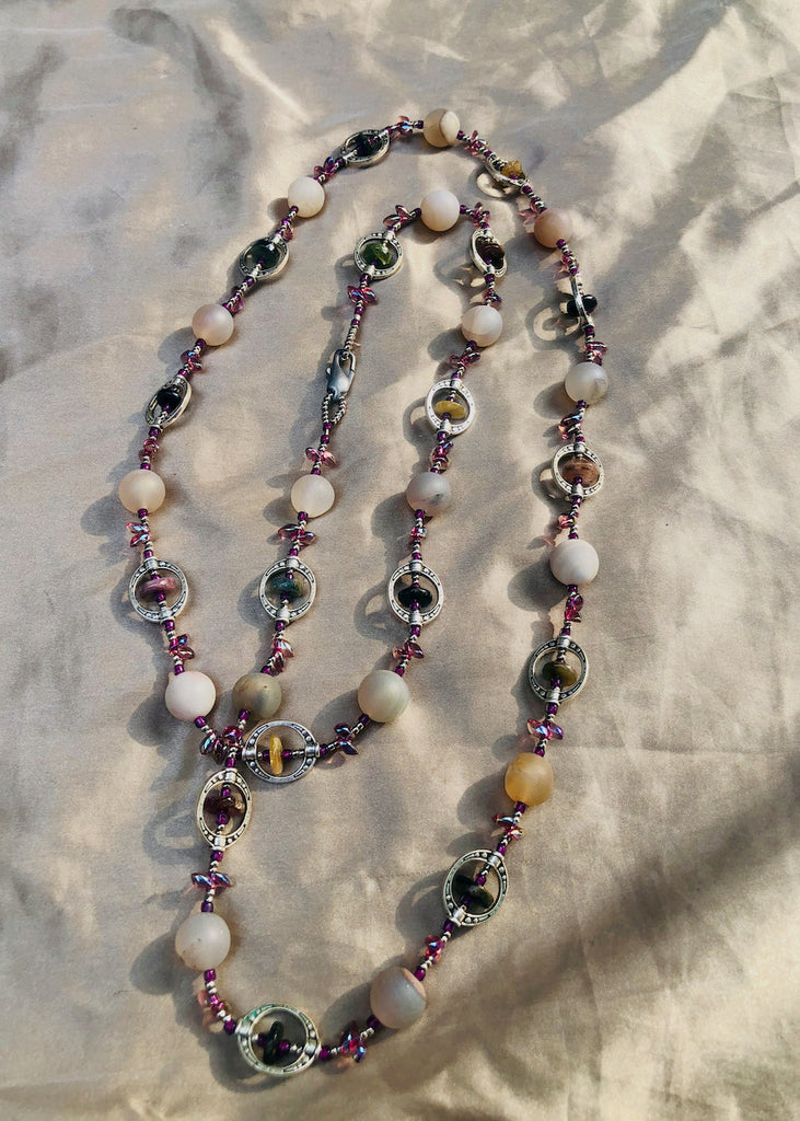 Blush Druzy and Tourmaline with Metal Cages Necklace-SugarJewlz Handmade Jewelry