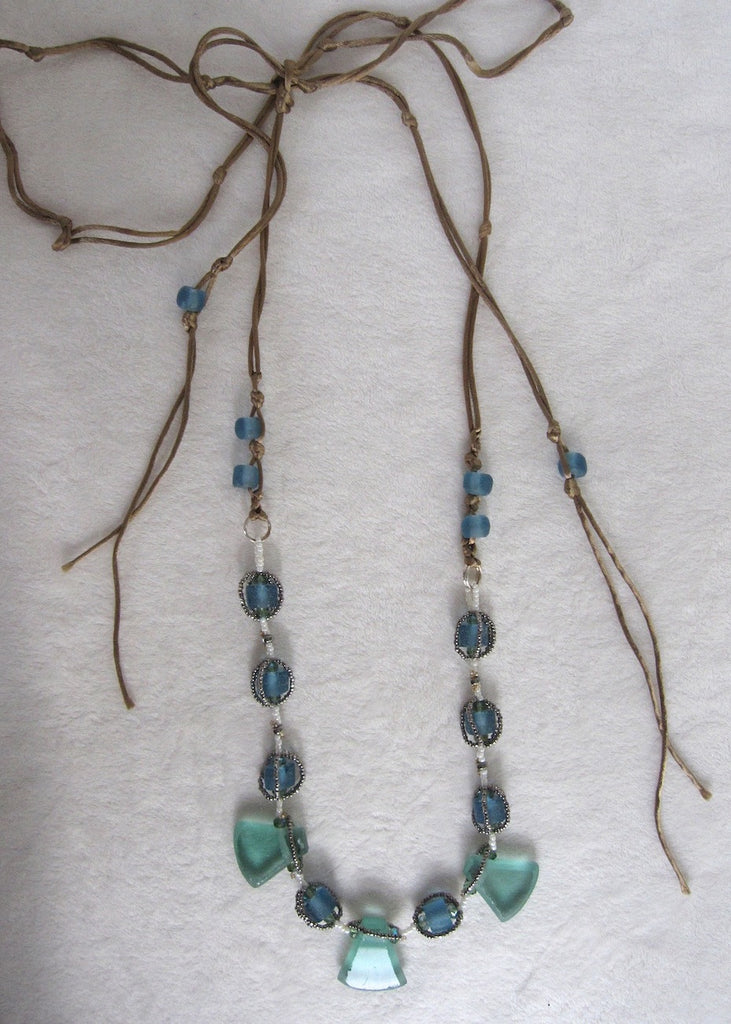 Hand Stitched Recycled Glass Necklace-SugarJewlz Handmade Jewelry