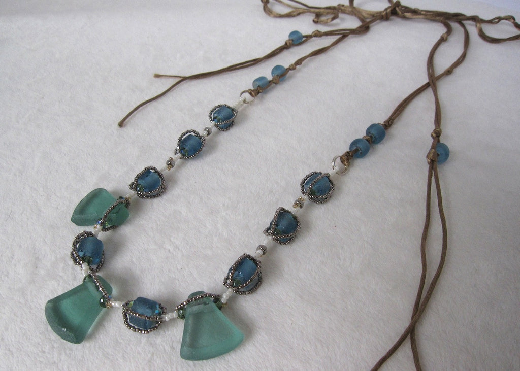 Hand Stitched Recycled Glass Necklace-SugarJewlz Handmade Jewelry