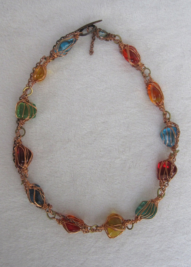 Copper Wrapped Glass Nuggets Necklace-SugarJewlz Handmade Jewelry