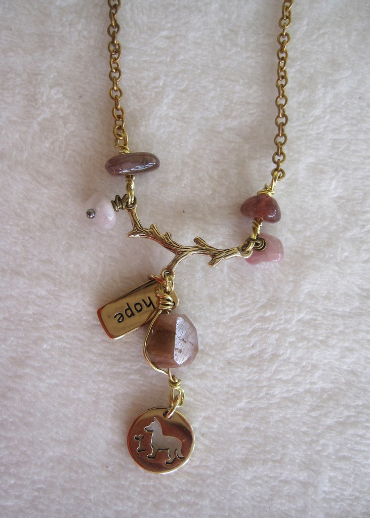 Brass Branch with Tourmaline and Charms Necklace-SugarJewlz Handmade Jewelry