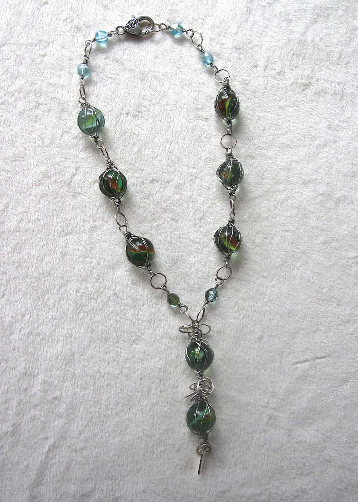 Wire Wrapped Vintage Swirl Marbles and Charms Necklace-SugarJewlz Handmade Jewelry