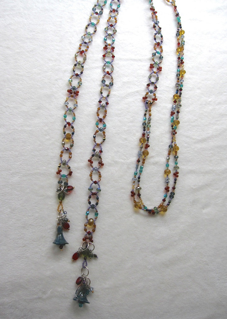 Long and Loopy Jewel Toned Lariat with Handmade Calalily Beads Necklace-SugarJewlz Handmade Jewelry