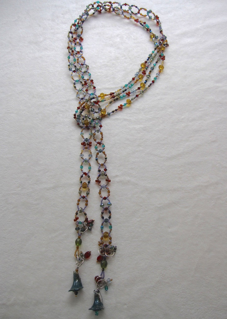 Long and Loopy Jewel Toned Lariat with Handmade Calalily Beads Necklace-SugarJewlz Handmade Jewelry