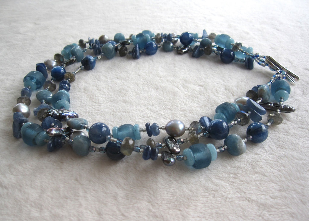 Triple Strand Gemstone and Pearl Necklace-SugarJewlz Handmade Jewelry