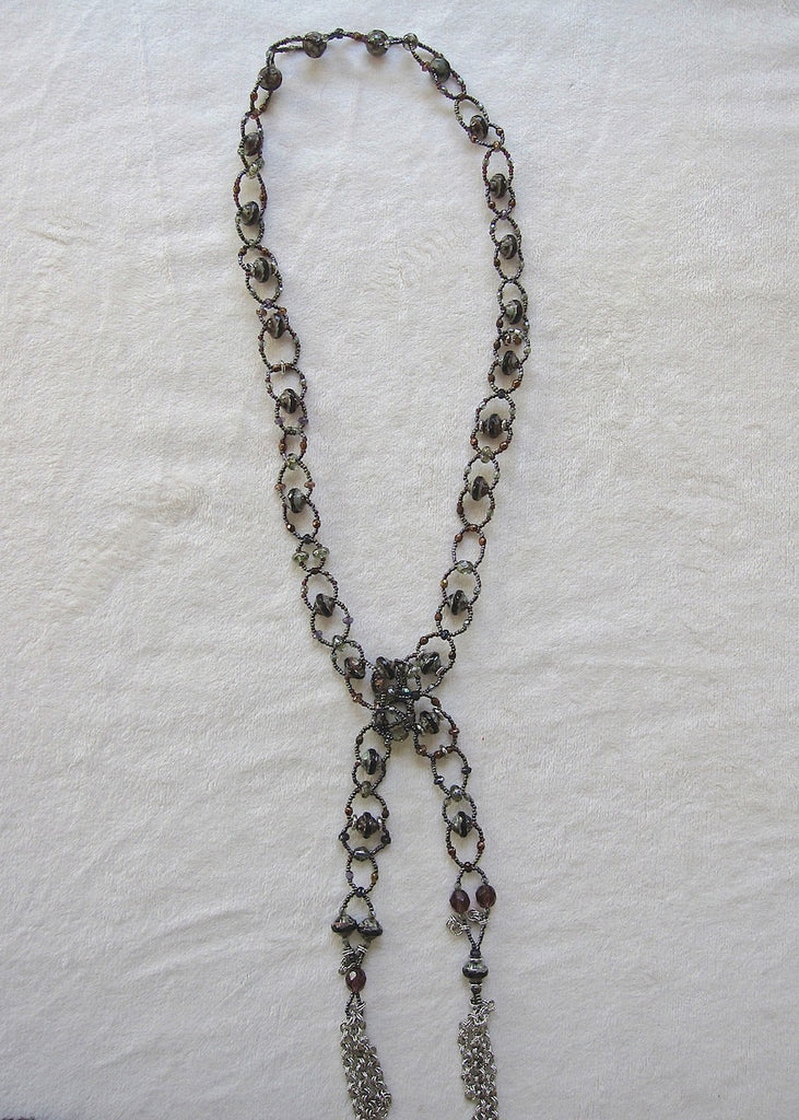 Earthy Woven Glass Lariat Necklace-SugarJewlz Handmade Jewelry