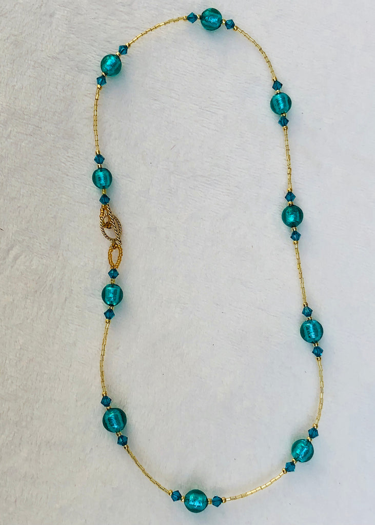 Teal Venetian Glass with Swarovski Crystals Short Necklace-SugarJewlz Handmade Jewelry