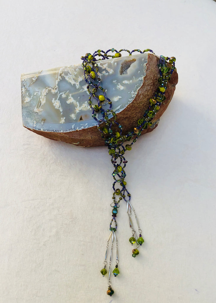 Green Woven Glass Lariat Necklace-SugarJewlz Handmade Jewelry